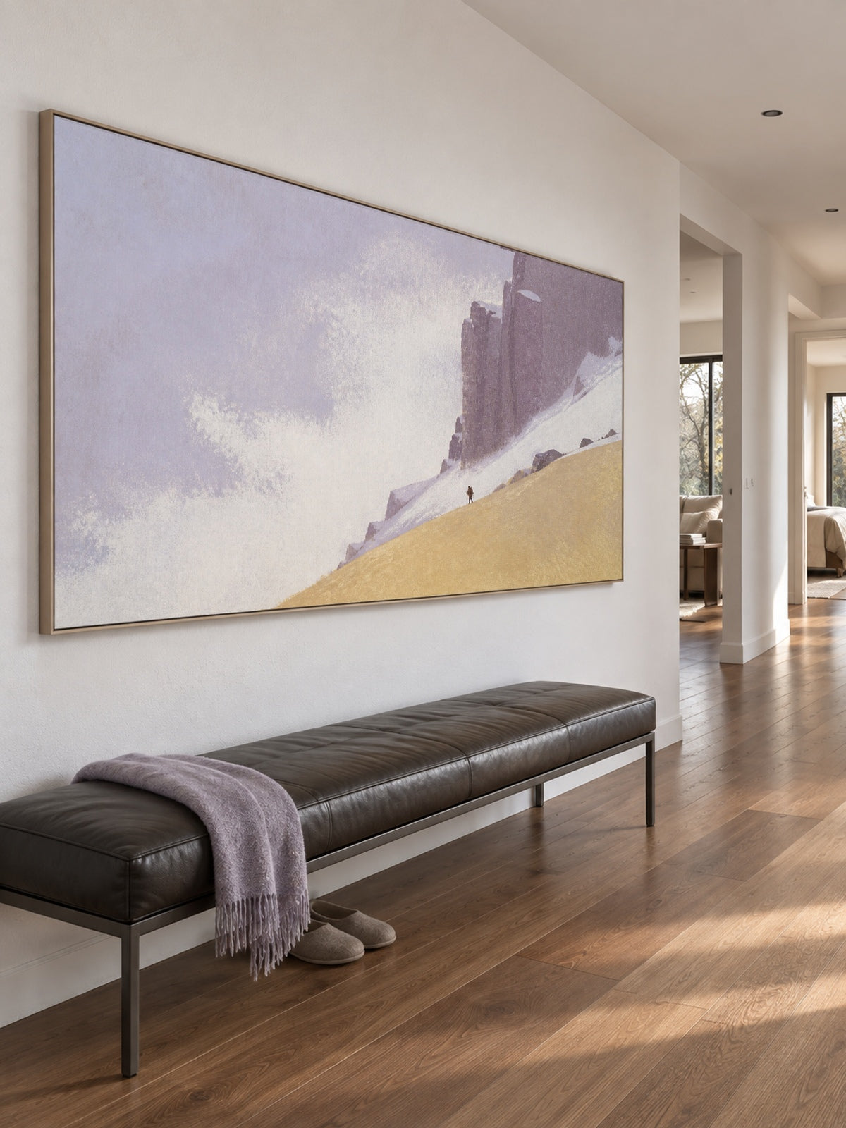 Large Hand Painted Minimalist Snowy Cliffs With Tiny Hikers Wall Art