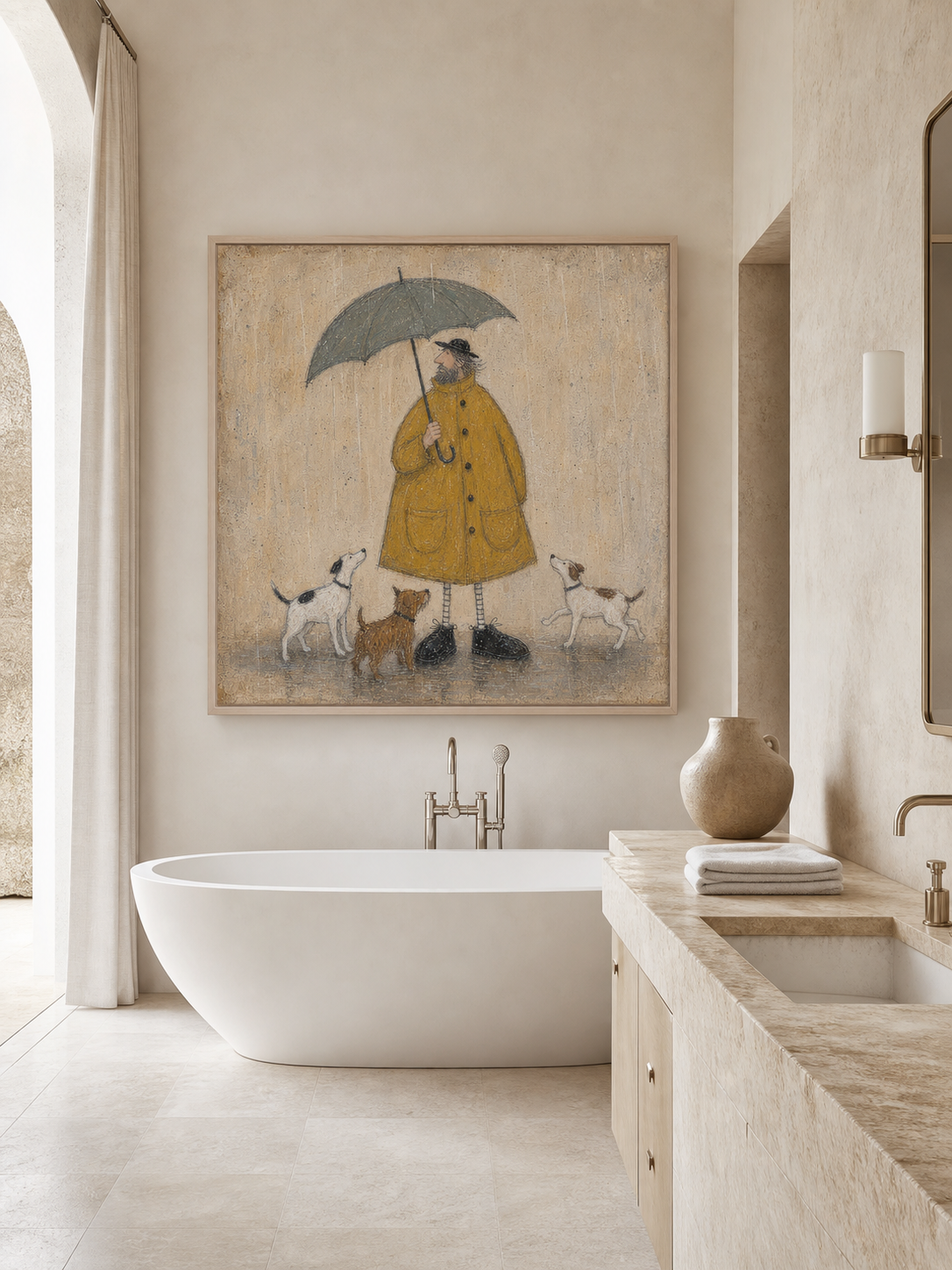 Whimsical Man With Dogs Under Umbrella Vintage Oil Painting For Cozy Home Decor