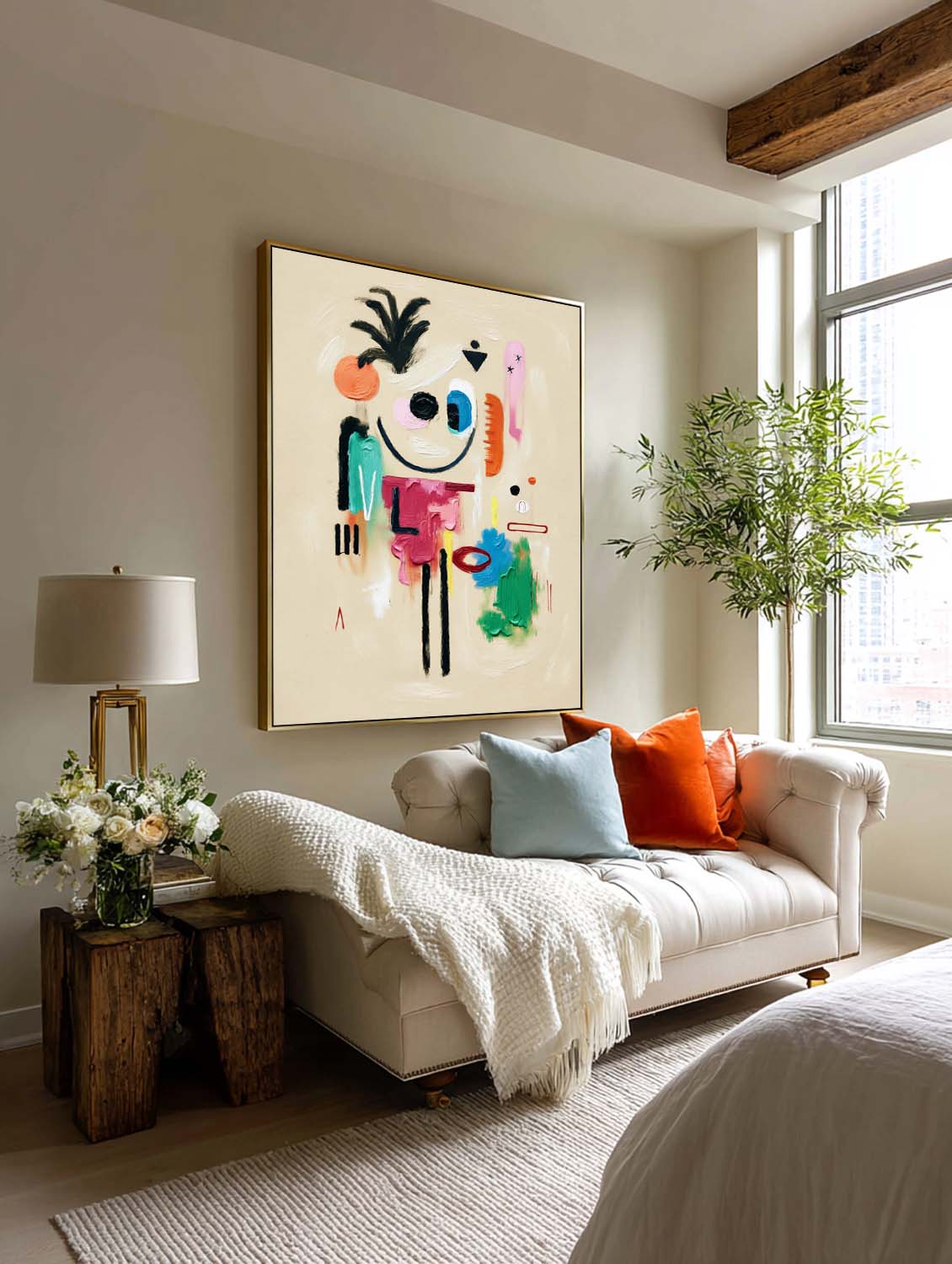 Minimalist Beige Abstract Cartoon Character Painting With Colorful Texture For Modern Decor