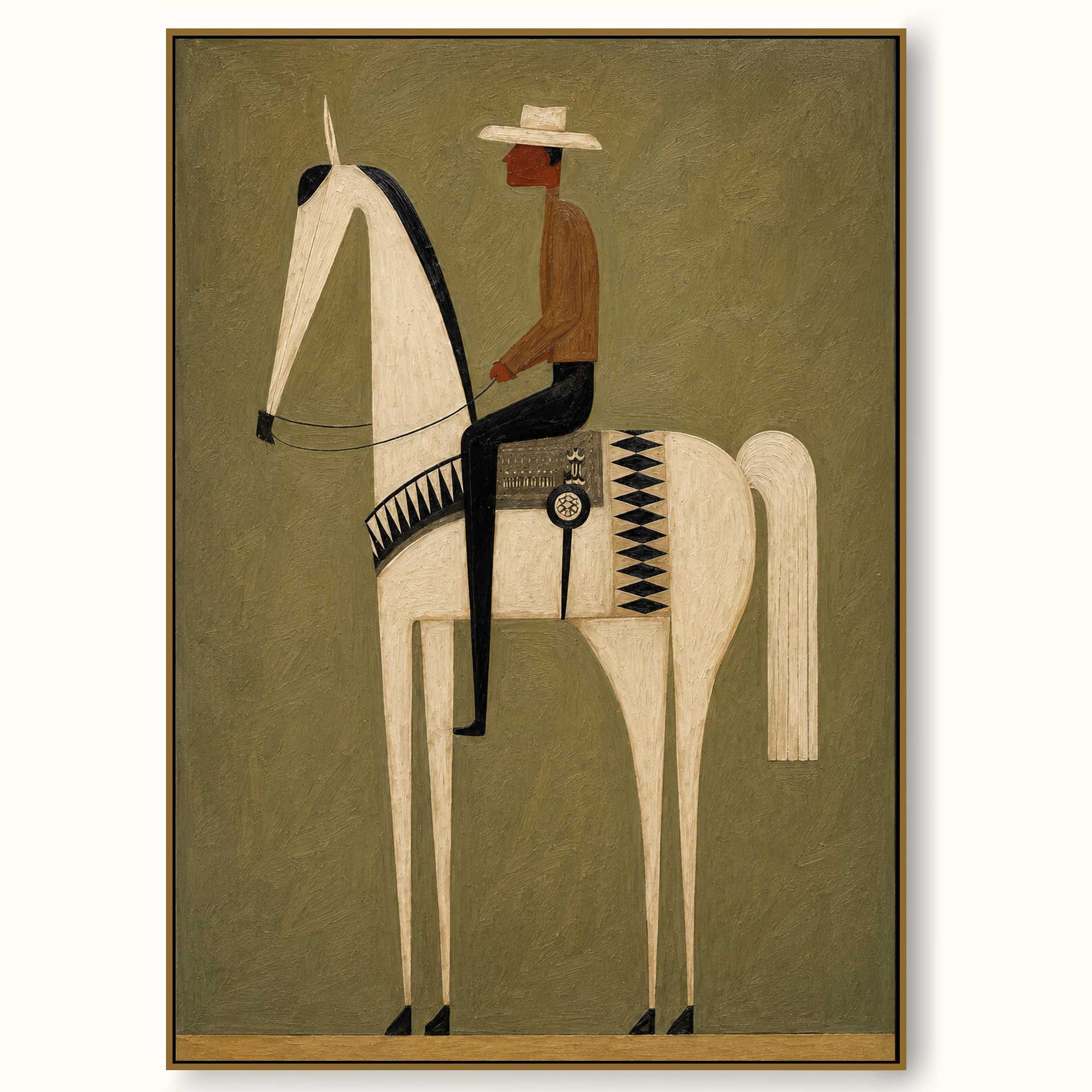 Vintage Minimalist Horse And Rider Painting With Earthy Green Tones For Modern Home Decor