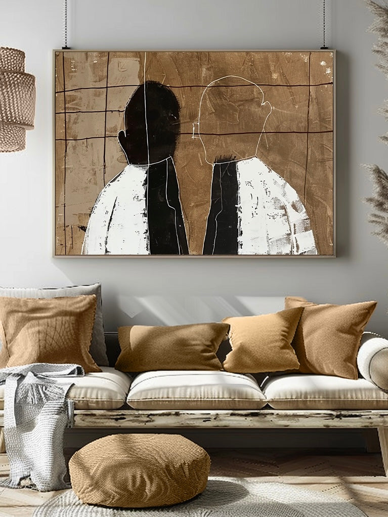 Vintage Abstract Figure Painting Large White And Black Figure Wall Art Vintage Minimalist Neutral Figure Art On Canvas