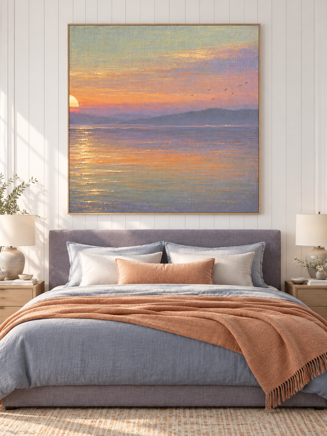 Golden Sunset Lake Square Wall Art Hand Painted Birds And Water Landscape Painting