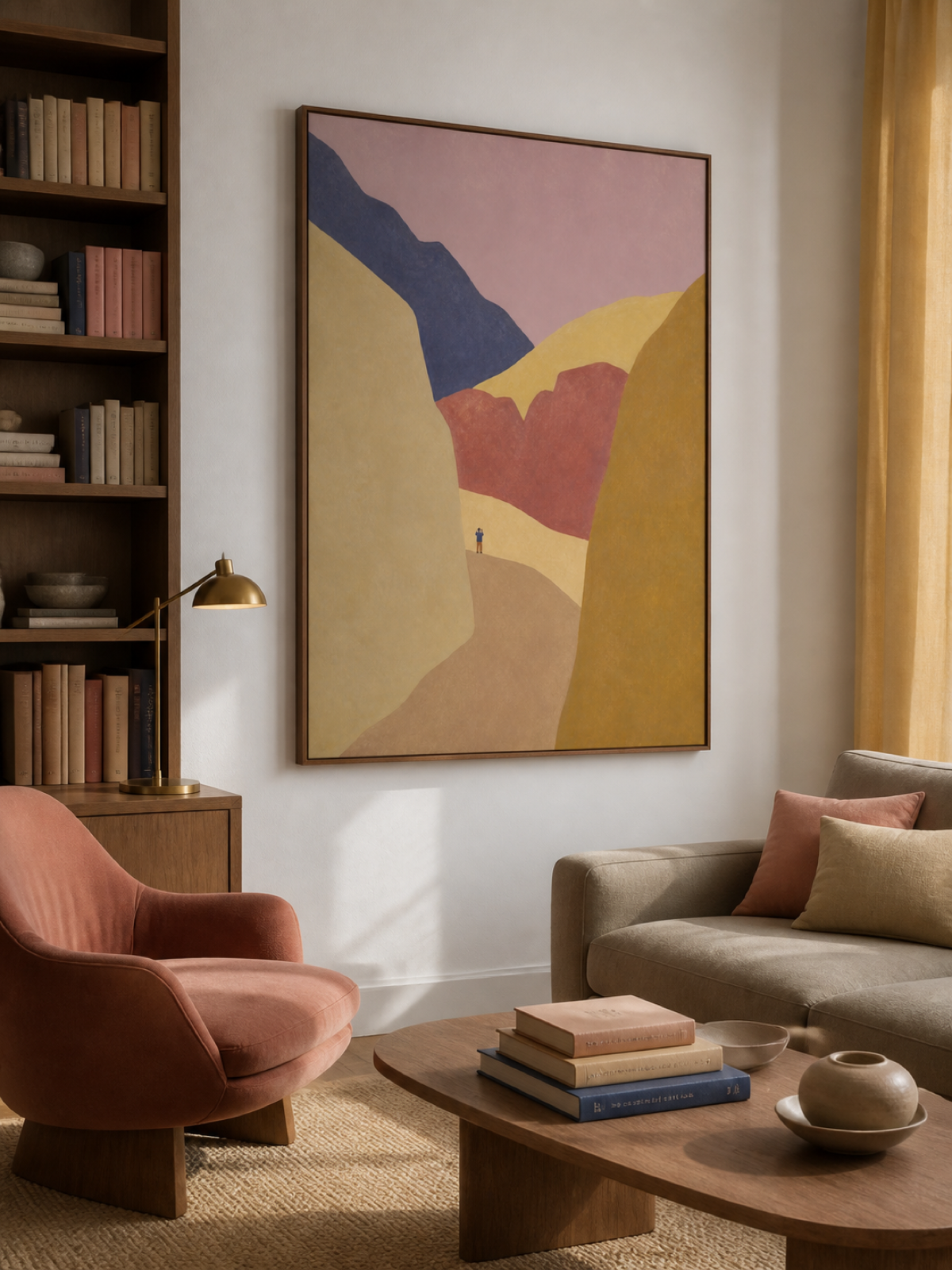 Oversized Abstract Valley With Warm Ochre Peaks Minimalist Framed Painting