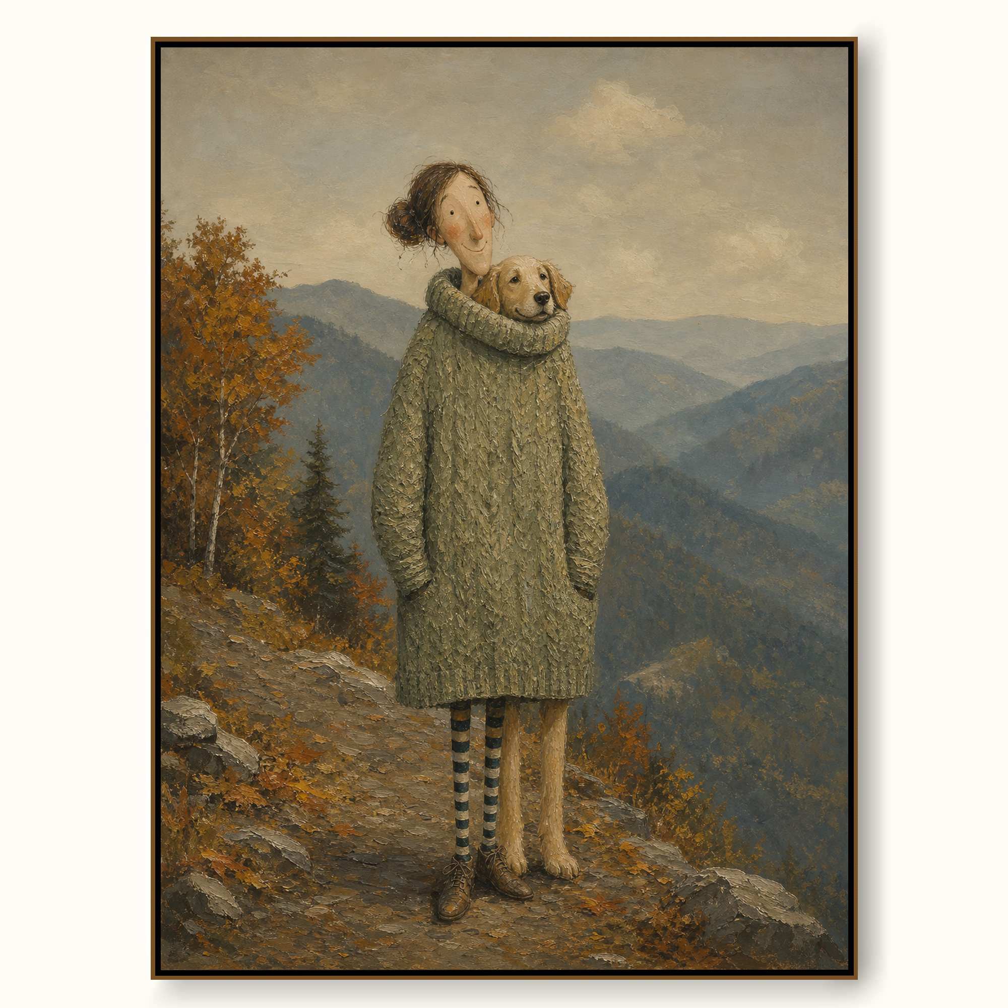Vintage Woman And Dog Travel Painting For Cozy Living Room Decor