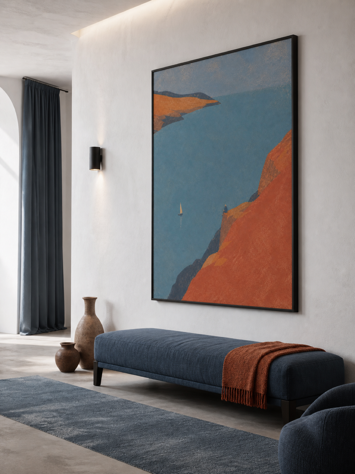 Sailboat And Seated Traveler On Terracotta Coast Hand-Painted Canvas Art