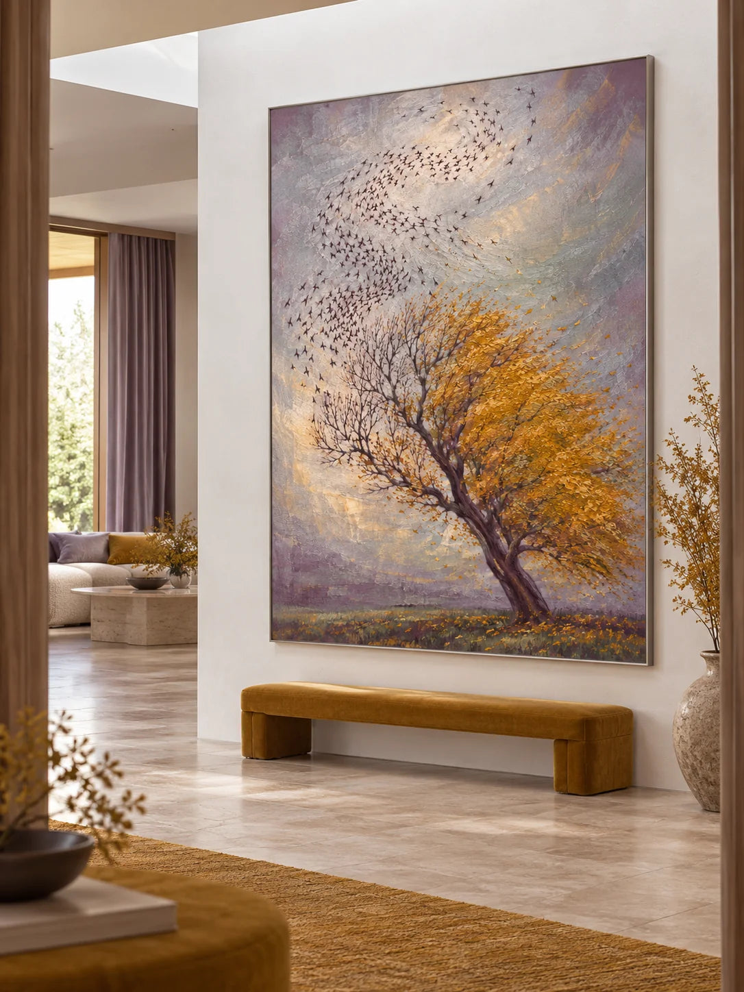 Vintage Golden Autumn Tree Painting Large Textured Bird And Nature Landscape Artwork
