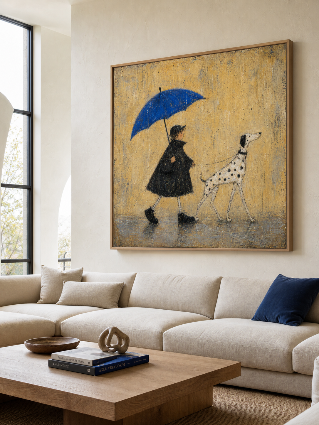 Original Handmade Painting Boy And Dalmatian Dog In Rain Minimalist Wall Art