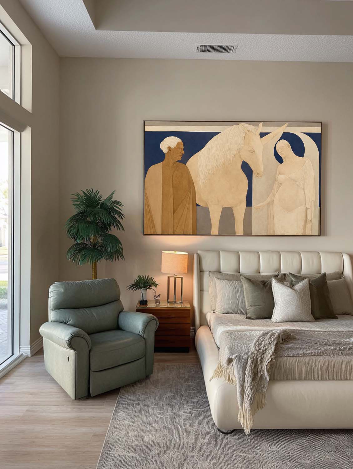 Large Horizontal Beige And Brown Abstract Figure Painting For Modern Living Room