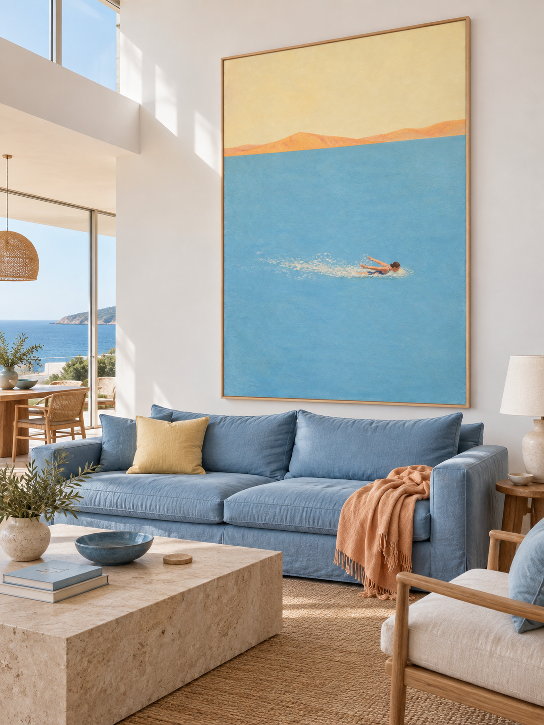 Woman Breaststroke Swimming In Blue Open Water Hand Painted Coastal Wall Art