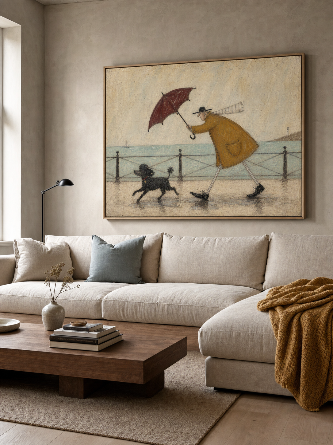 Whimsical Seaside Walk Painting With Dog For Coastal Home Decor