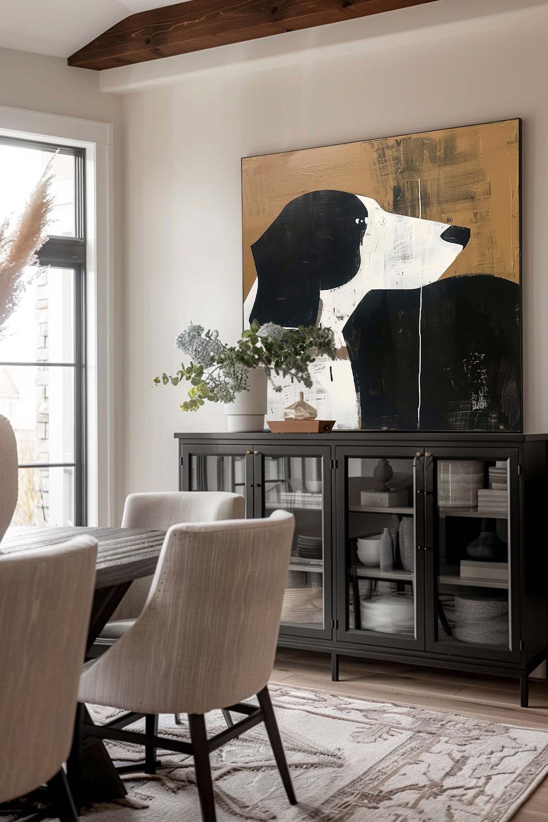 Vintage Dog Oil Painting Original Abstract Dog Wall Art Retro Black And White Dog Painting