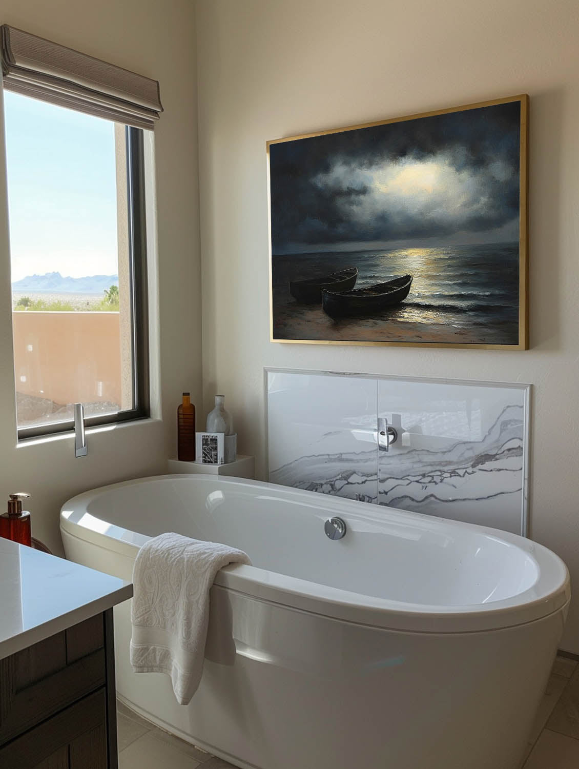 Minimalist Nighttime Seaside Oil Painting Wabi Sabi Vintage Boat At Night Painting Large Original Coastal Boat Art