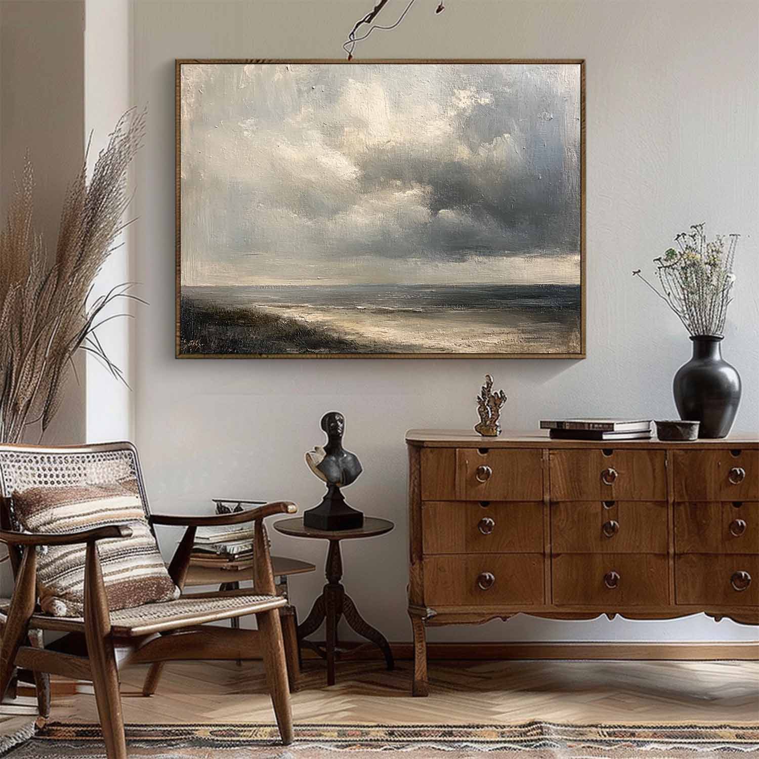 Moody Sky Vintage Painting Cloudy Sky Oil Painting Vintage Cloud Canvas Wall Art Grey Sky Painting