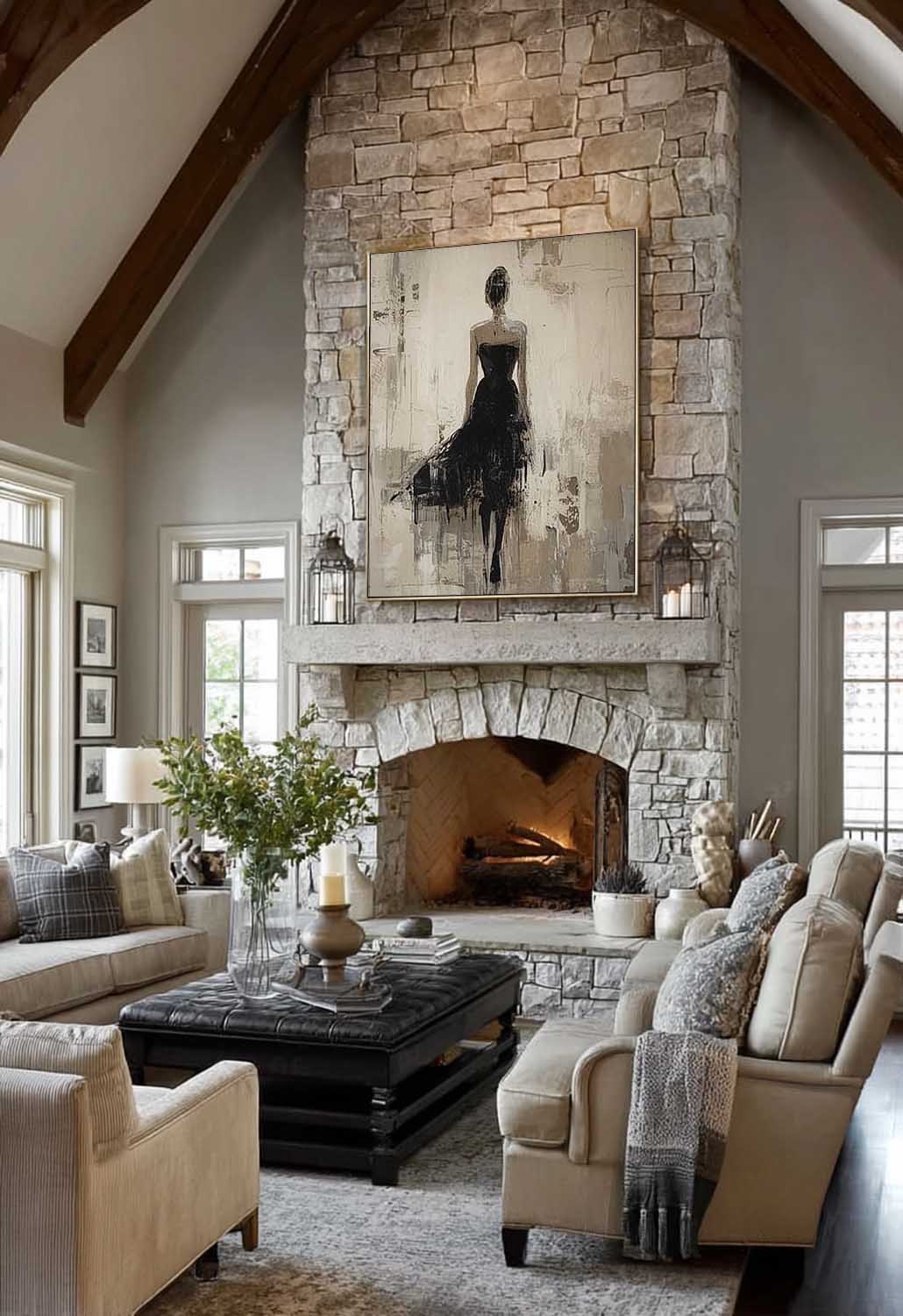 Handmade Modern Woman Art In Black Dress Large Wabi Sabi Female Painting Neutral Abstract Female Figure Oil Painting