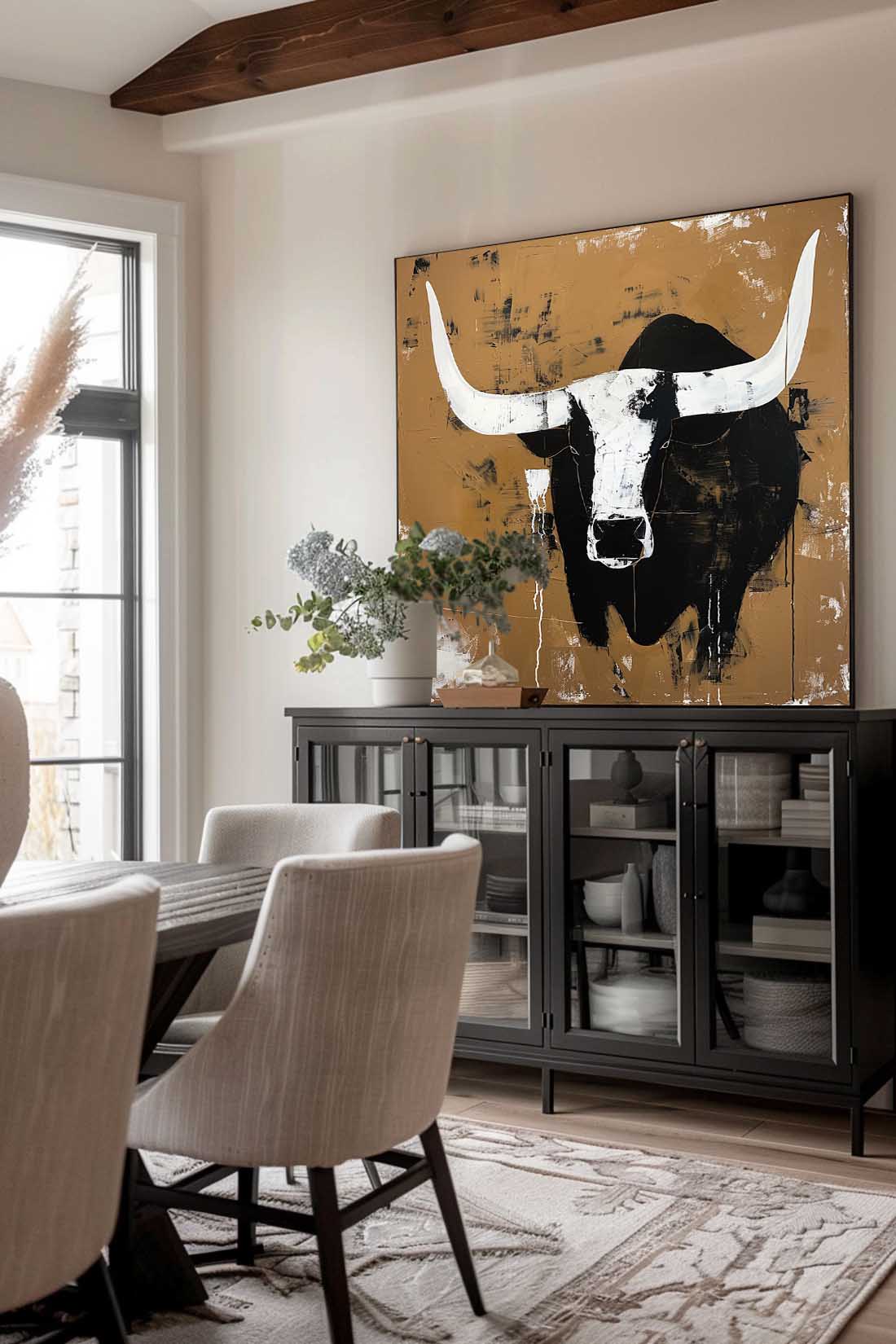 Retro White And Black Bull Horns Wall Art Vintage Bull Abstract Canvas Painting Large Bull Canvas Art