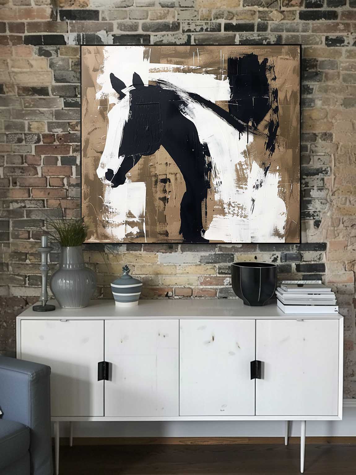 Vintage White & Black Horse Oil Painting Abstract Original Canvas Wall Art Retro Horse Wall Art