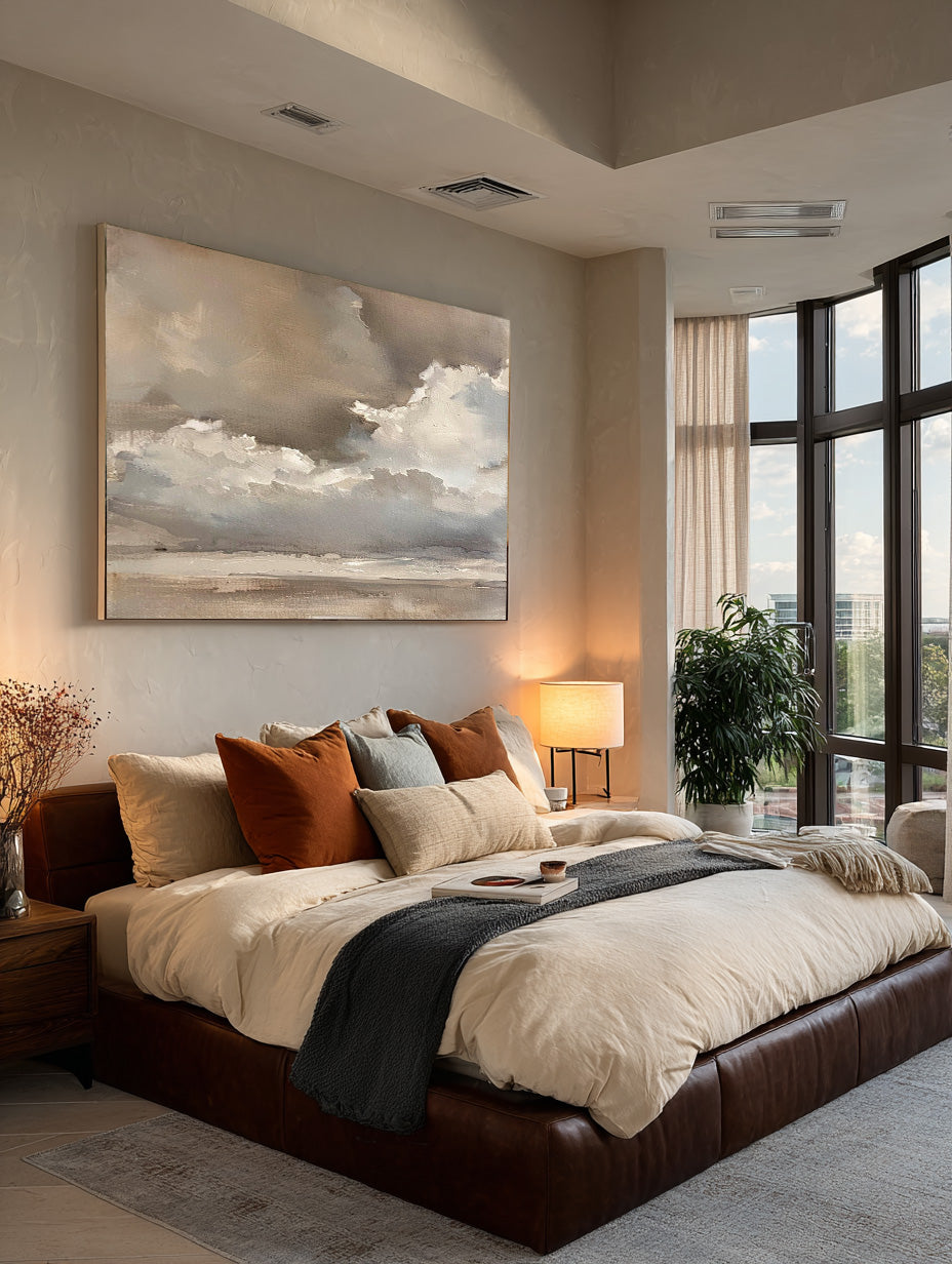 Large Beige Brown Abstract Cloud Painting Minimalist Beige Grey Cloud Abstract Art Neutral Landscape Wall Art