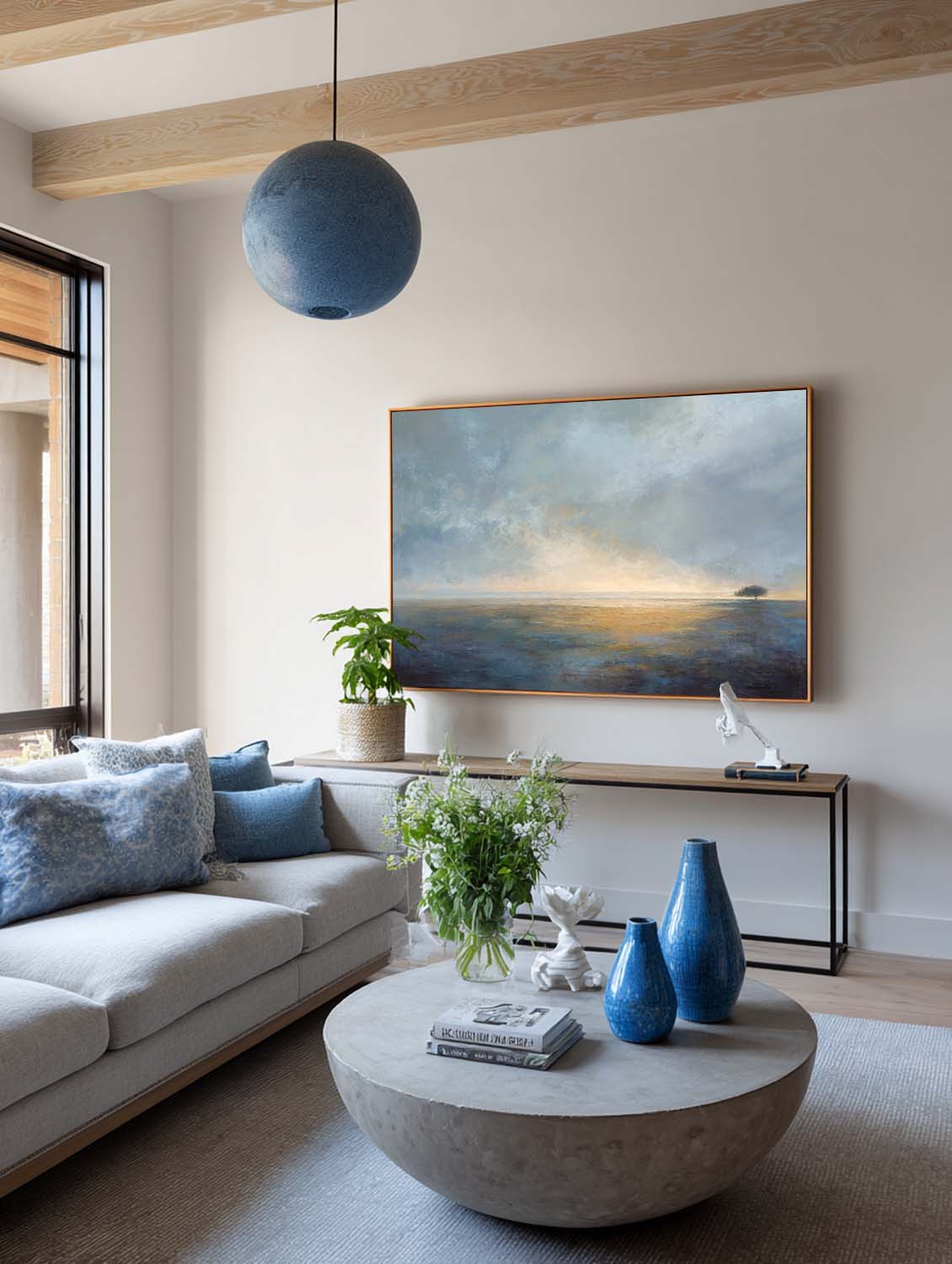 Blue Handmade Seascape Oil Painting Neutral Coastal Canvas Art Original Handmade Seascape Oil Painting