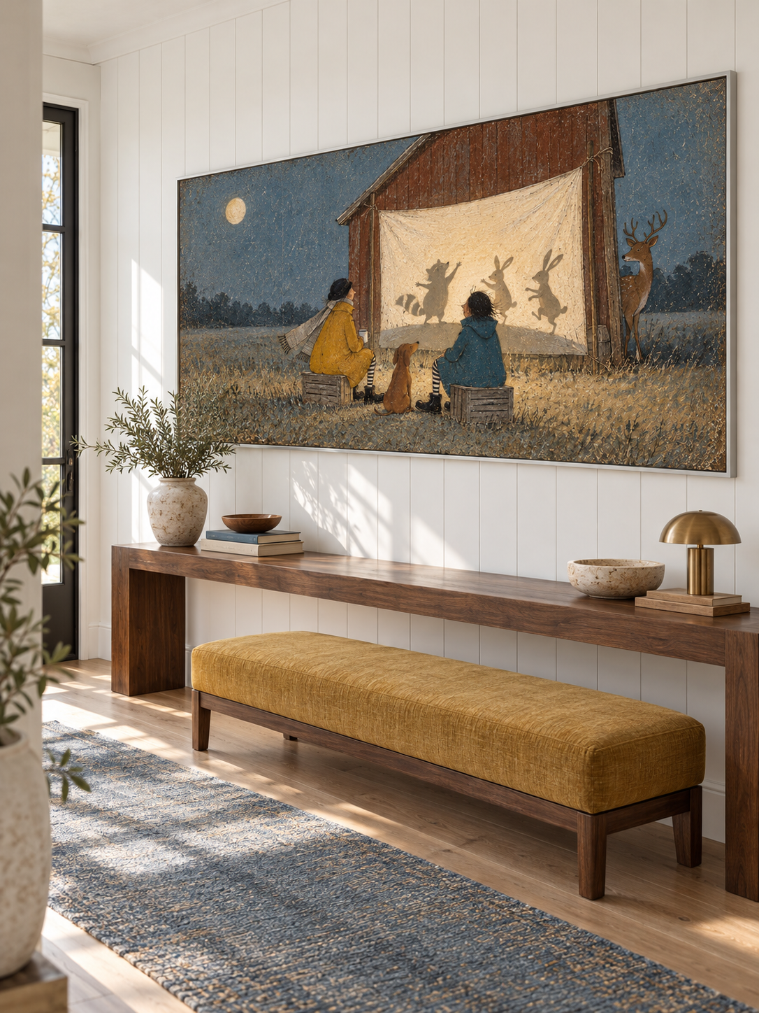 Storybook Style Hand Painted Canvas Of Moonlight Shadow Play And Nature