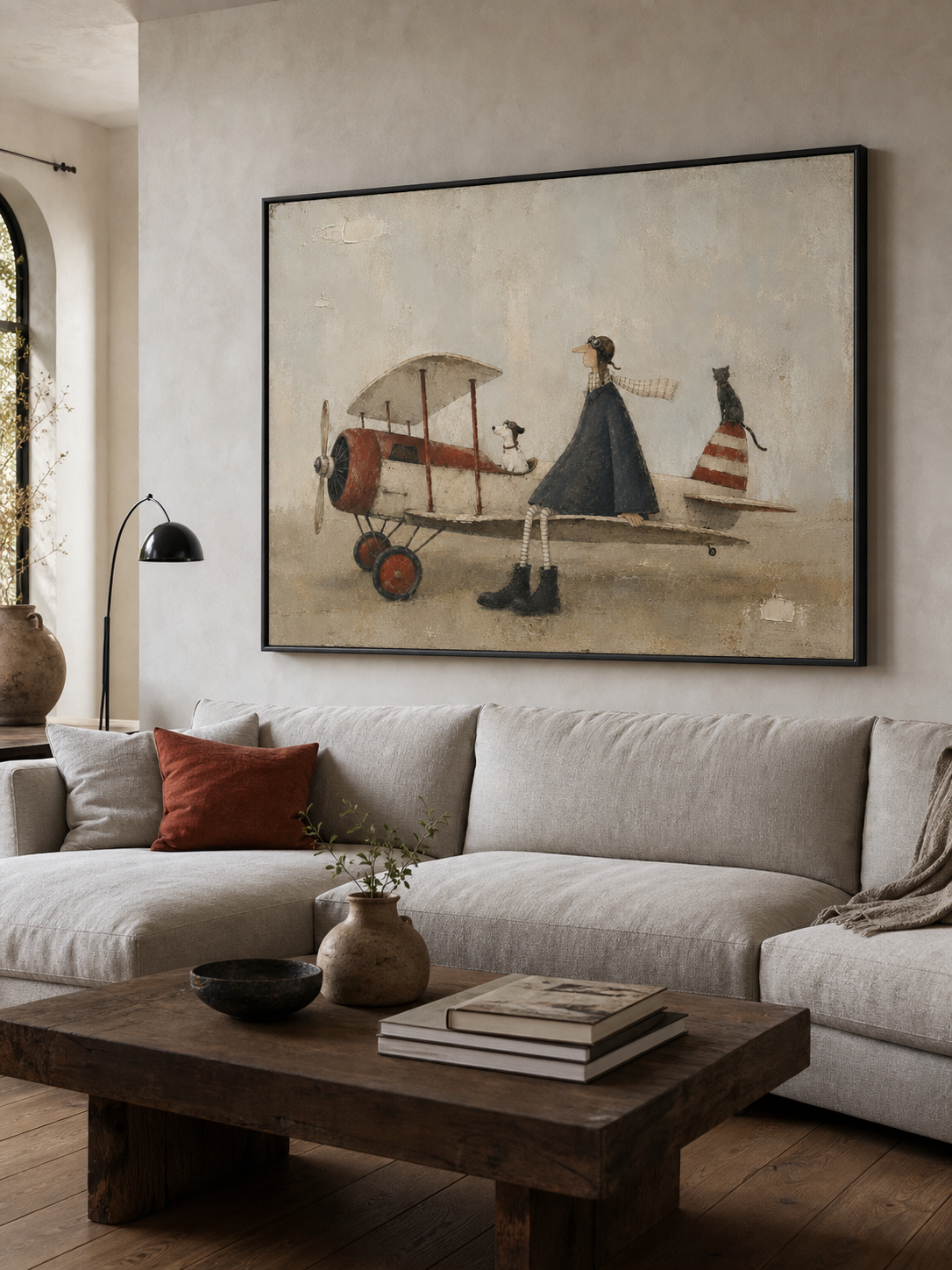 Large Framed Vintage Airplane Canvas Painting With Pilot And Cute Pets