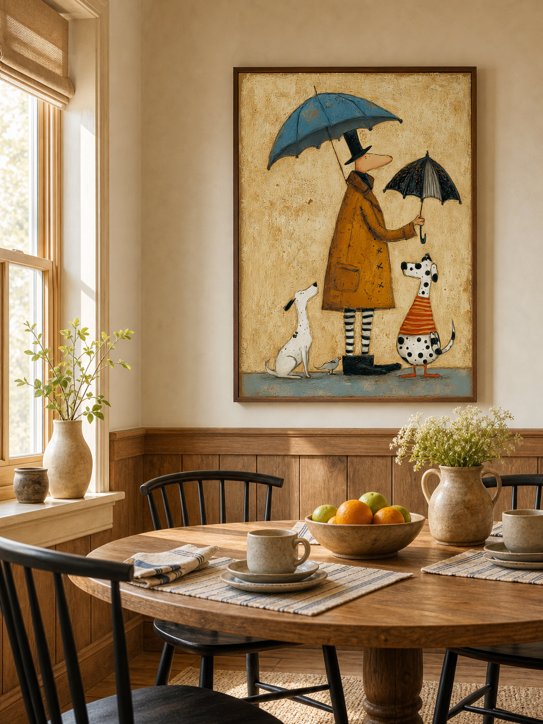 Vintage Whimsical Oil Painting Of Man With Dogs And Umbrellas In Retro Style For Home Decor