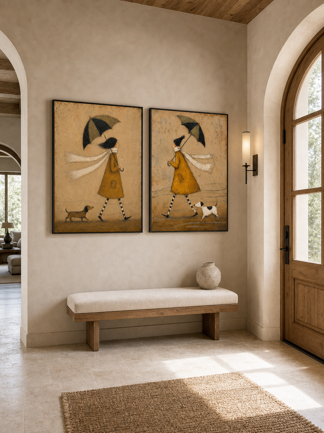 Whimsical Yellow Raincoat Painting With Dog And Umbrella For Modern Entryway Decor