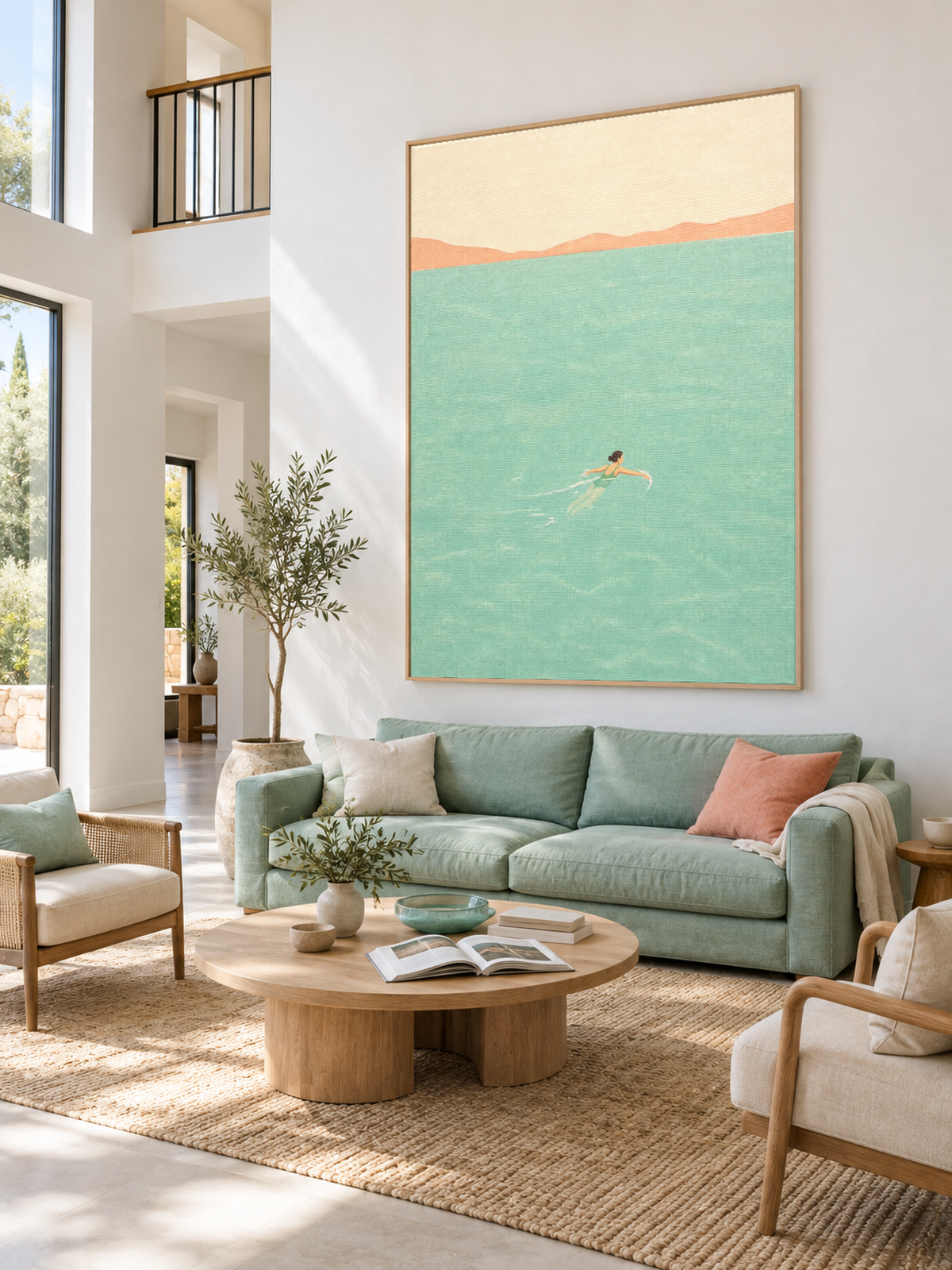 Woman Swimming In Sea Hand-Painted Canvas Wall Art Minimalist Blue