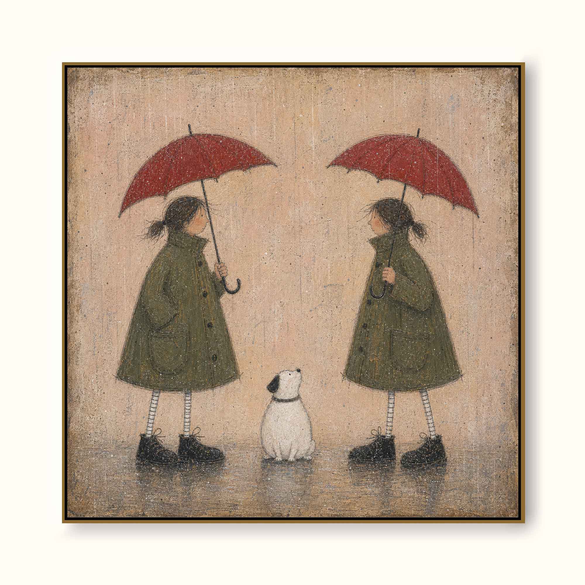 Vintage Rainy Day Art With Dog And Children In Retro Coats For Cozy Home Decor