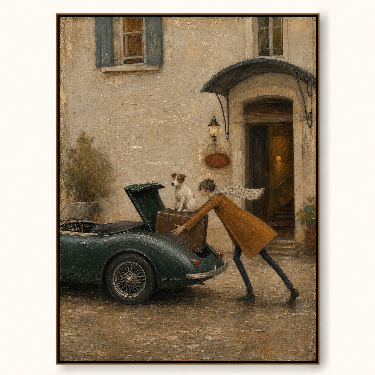 Vintage Pet Art Painting With Classic Car For Home Decor