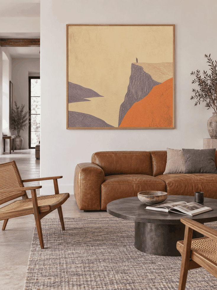 Hand Painted Minimalist Coastal Cliff Oil Painting With Tiny Figure Wall Art