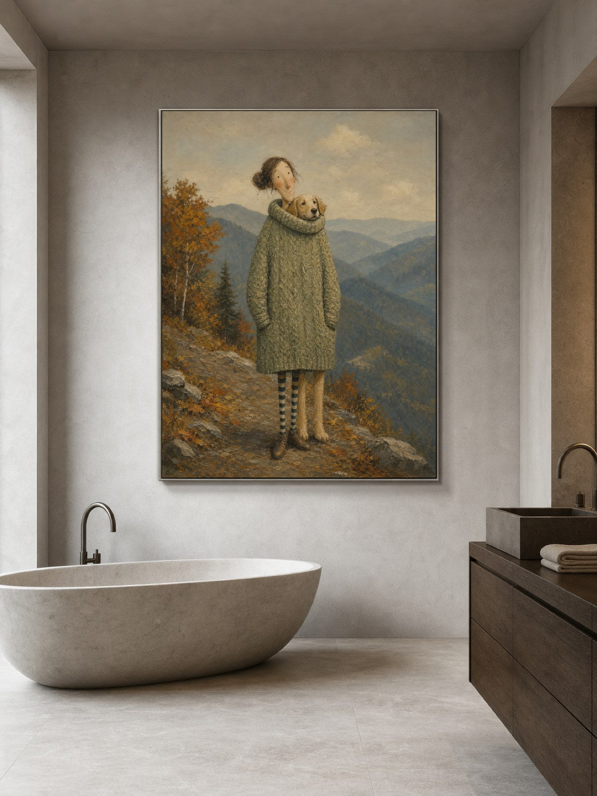 Vintage Woman And Dog Travel Painting For Cozy Living Room Decor