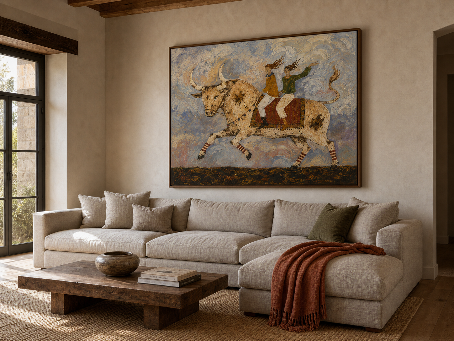 Vintage Bohemian Bull Rider Art With Expressive Brushwork For Living Room Decor