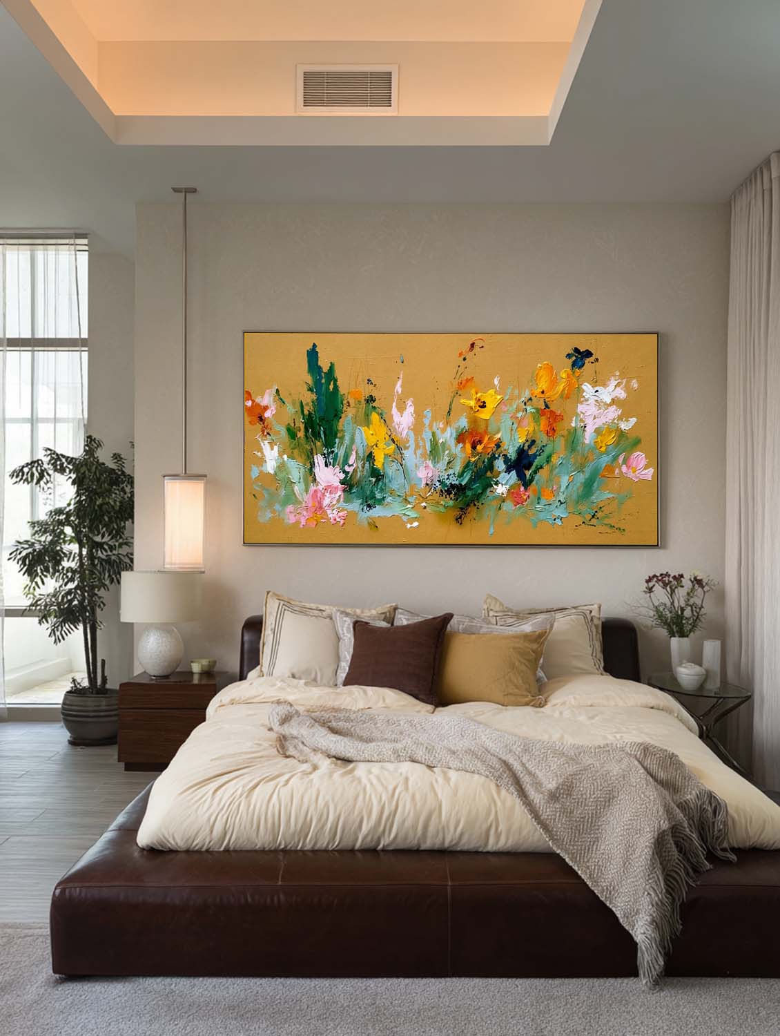 Large Horizontal Abstract Floral Painting With Gold And Green Tones For Living Room