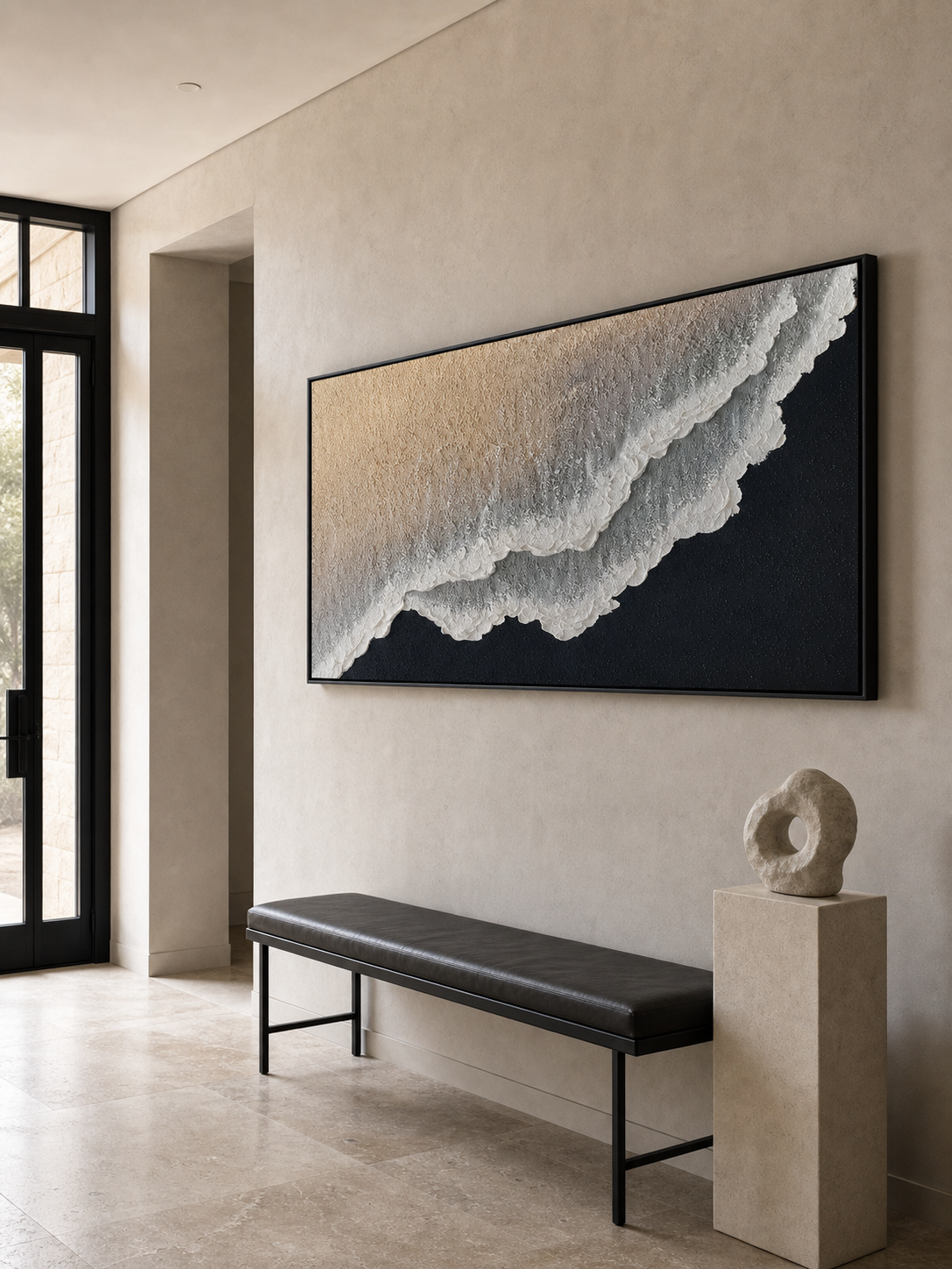 3D Hand Painted Ocean Wave Art Minimalist Beige Black Wall Decor For Living Room