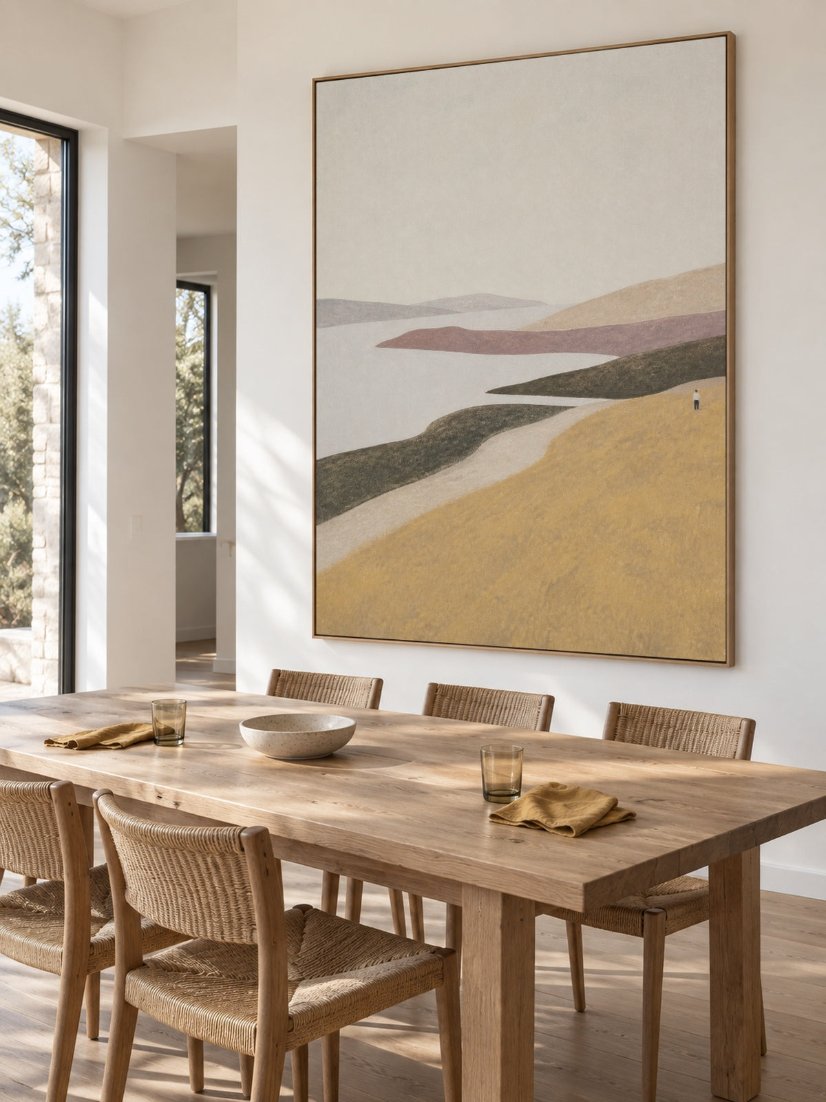 Large Golden Lakeside Canvas Art With Lone Figure For Living Room Decor
