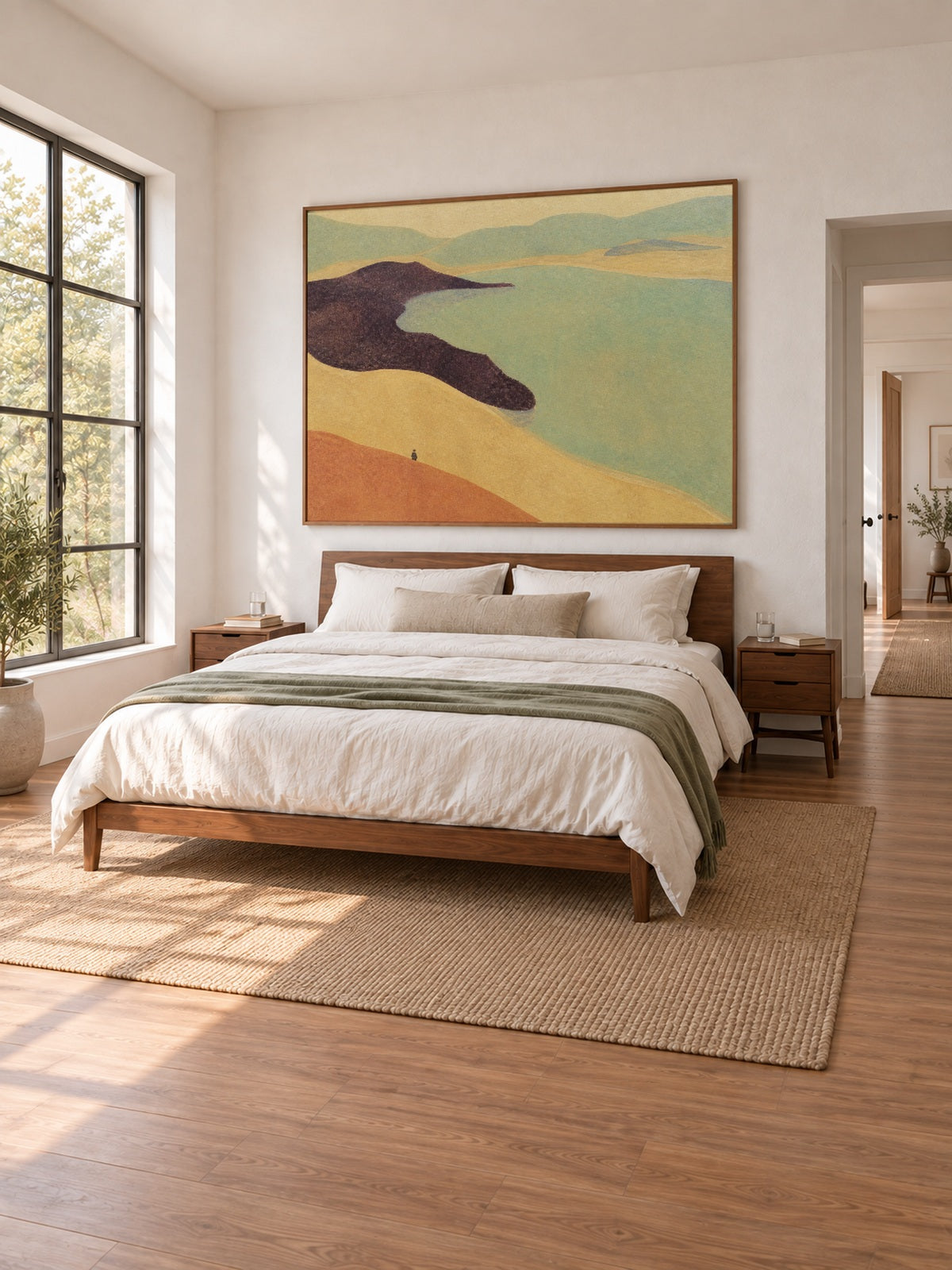 Earth Tone Teal Lake Canvas Art With Lone Figure For Modern Living Room Decor