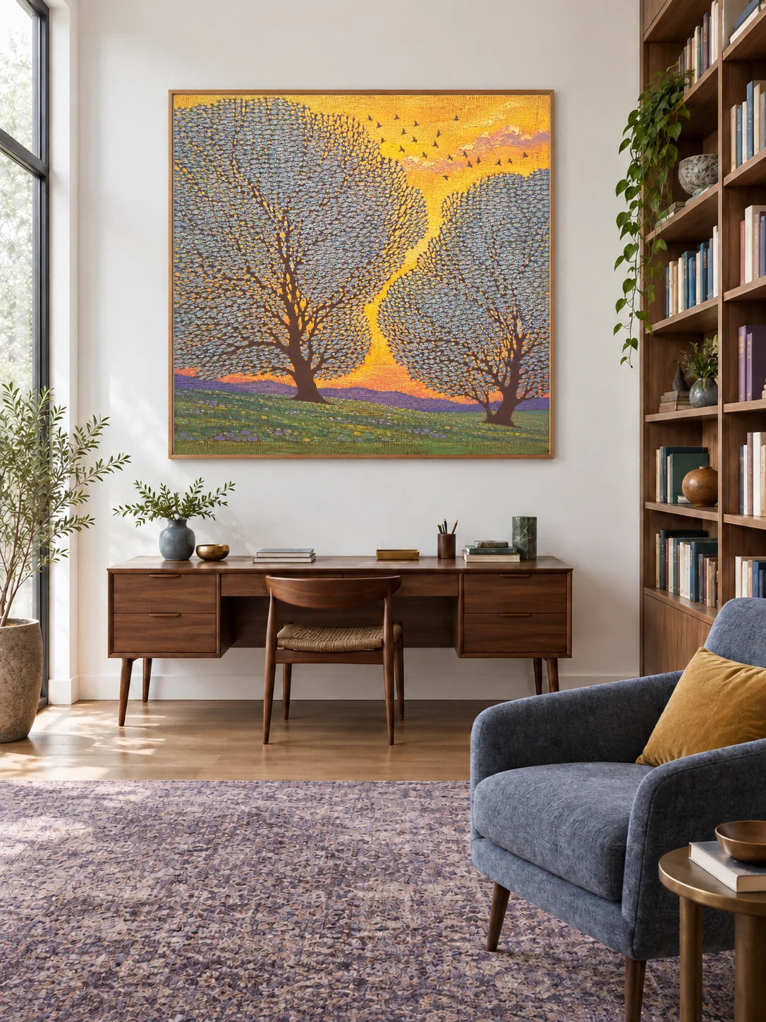 Contemporary Golden Sunset Artwork Large Tree Landscape Art For Modern Home
