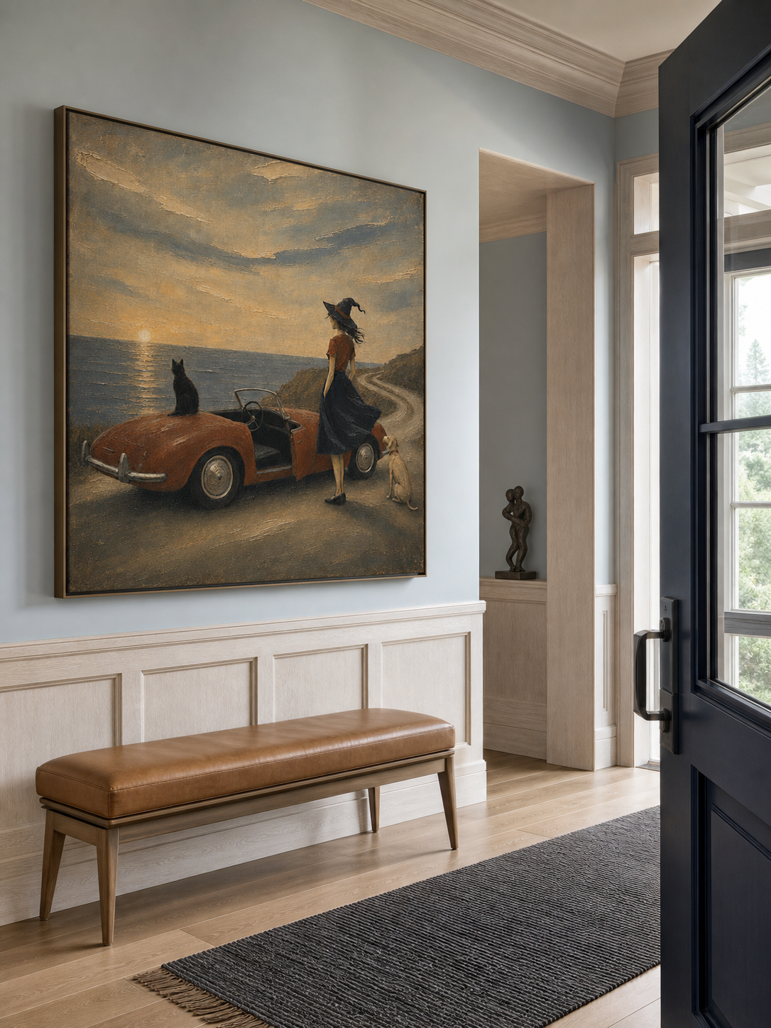 Large Vintage Coastal Wall Art Surrealist Oil Painting Whimsical Witch