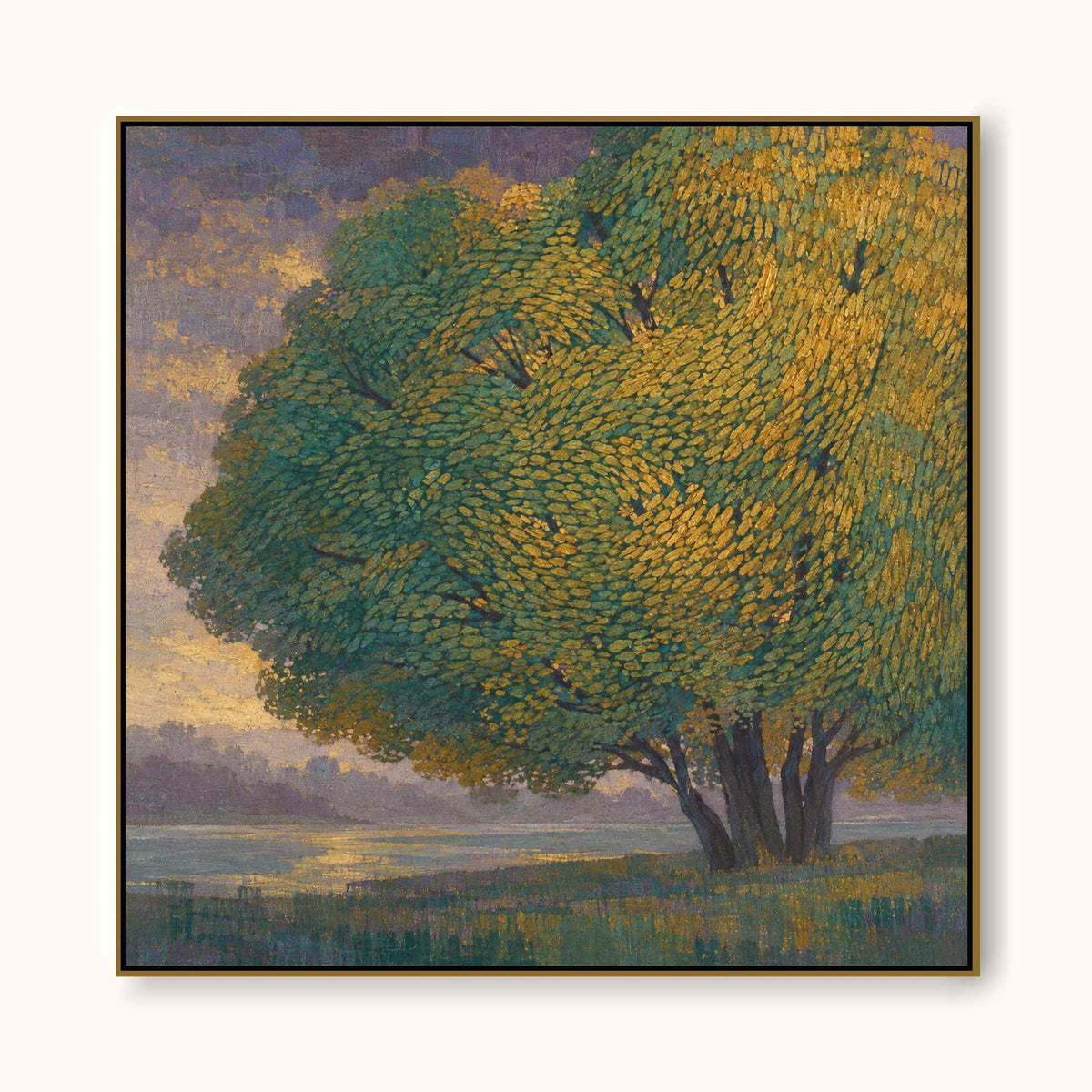 Majestic Tree By Lake Hand-Painted Canvas Art In Gold And Green