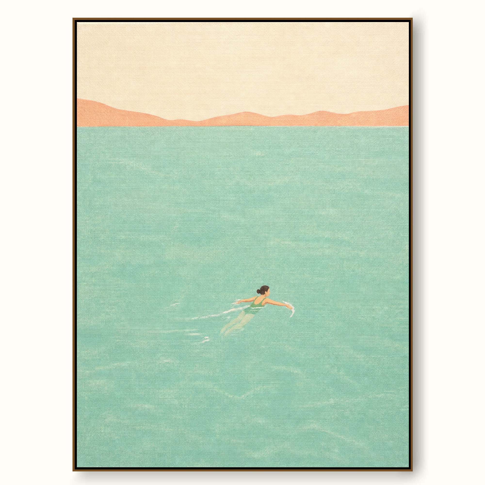 Woman Swimming In Sea Hand-Painted Canvas Wall Art Minimalist Blue