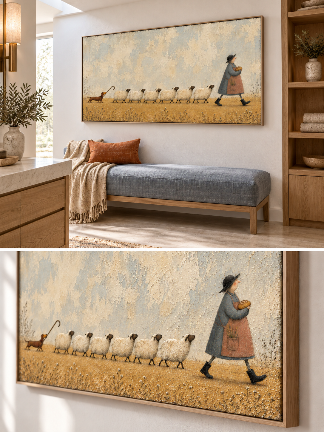 Whimsical Sheep And Dachshund Farm Animal Canvas Painting Hand Painted Wall Art
