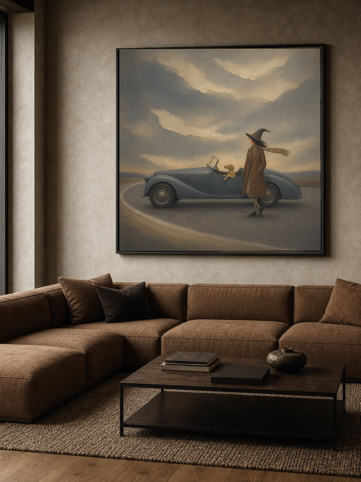 Dreamy Witch Travel Painting With Vintage Car And Dog In Surreal Landscape Art