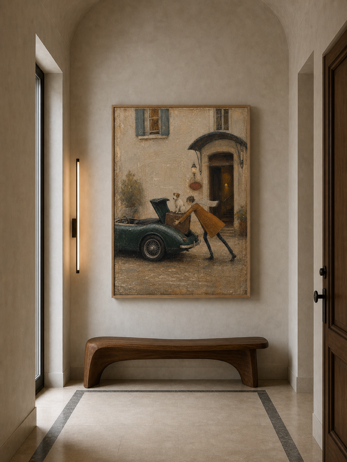 Vintage Pet Art Painting With Classic Car For Home Decor