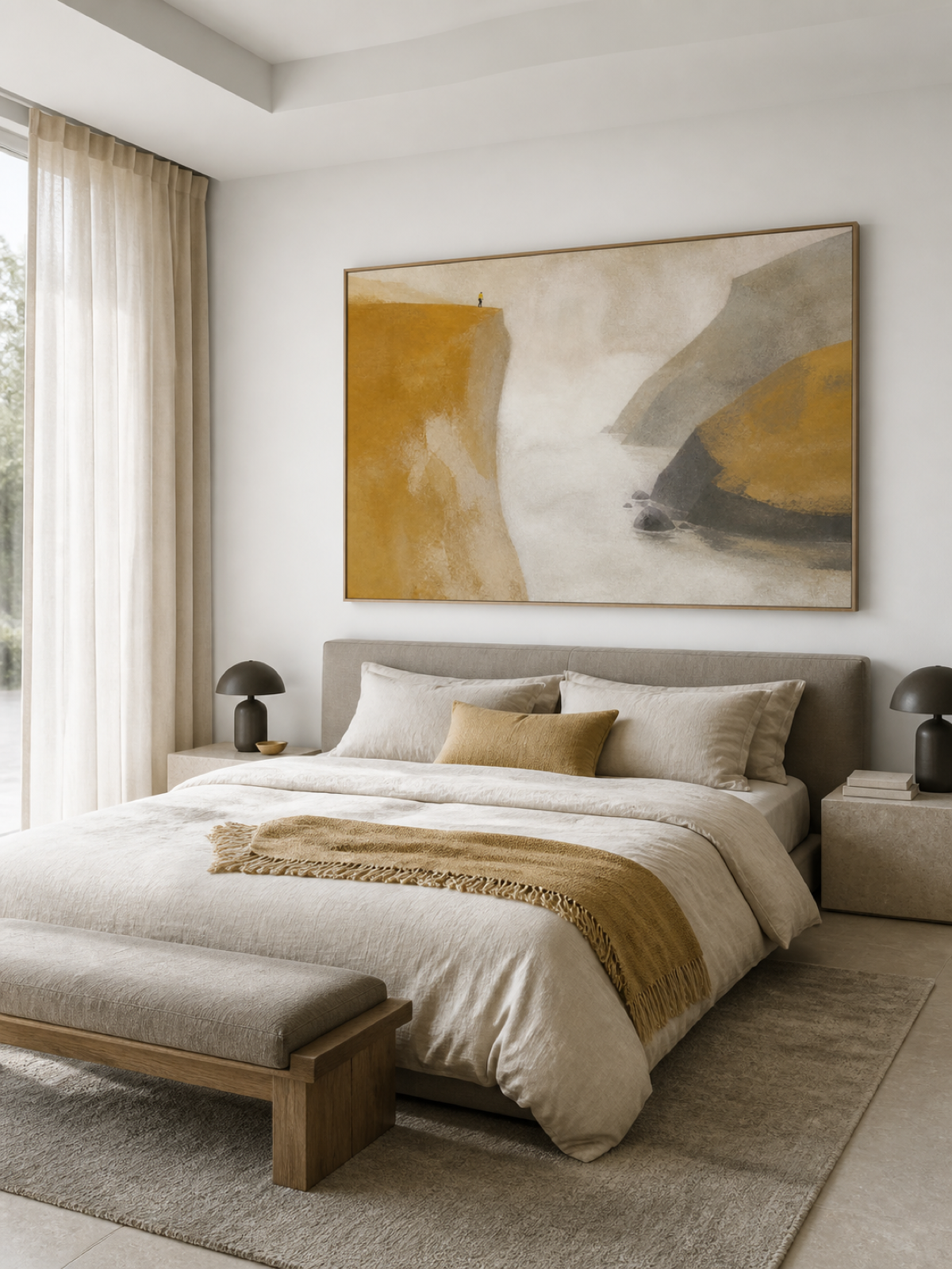 Golden Ochre Cliff And Misty Silver Inlet Contemporary Landscape Oil Painting