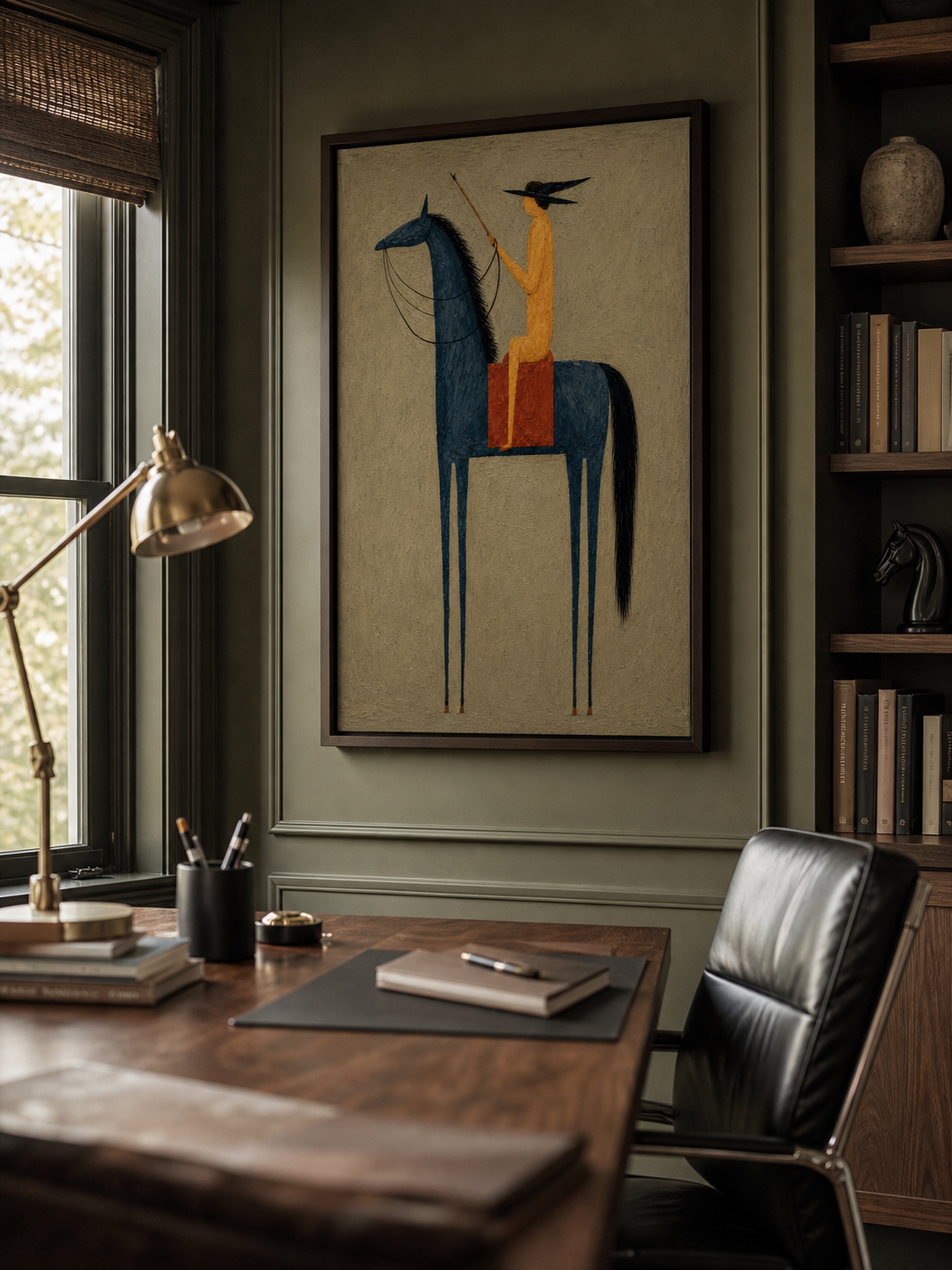 Retro Minimalist Oil Painting Of Figure And Horse On Linen Canvas For Modern Home Decor