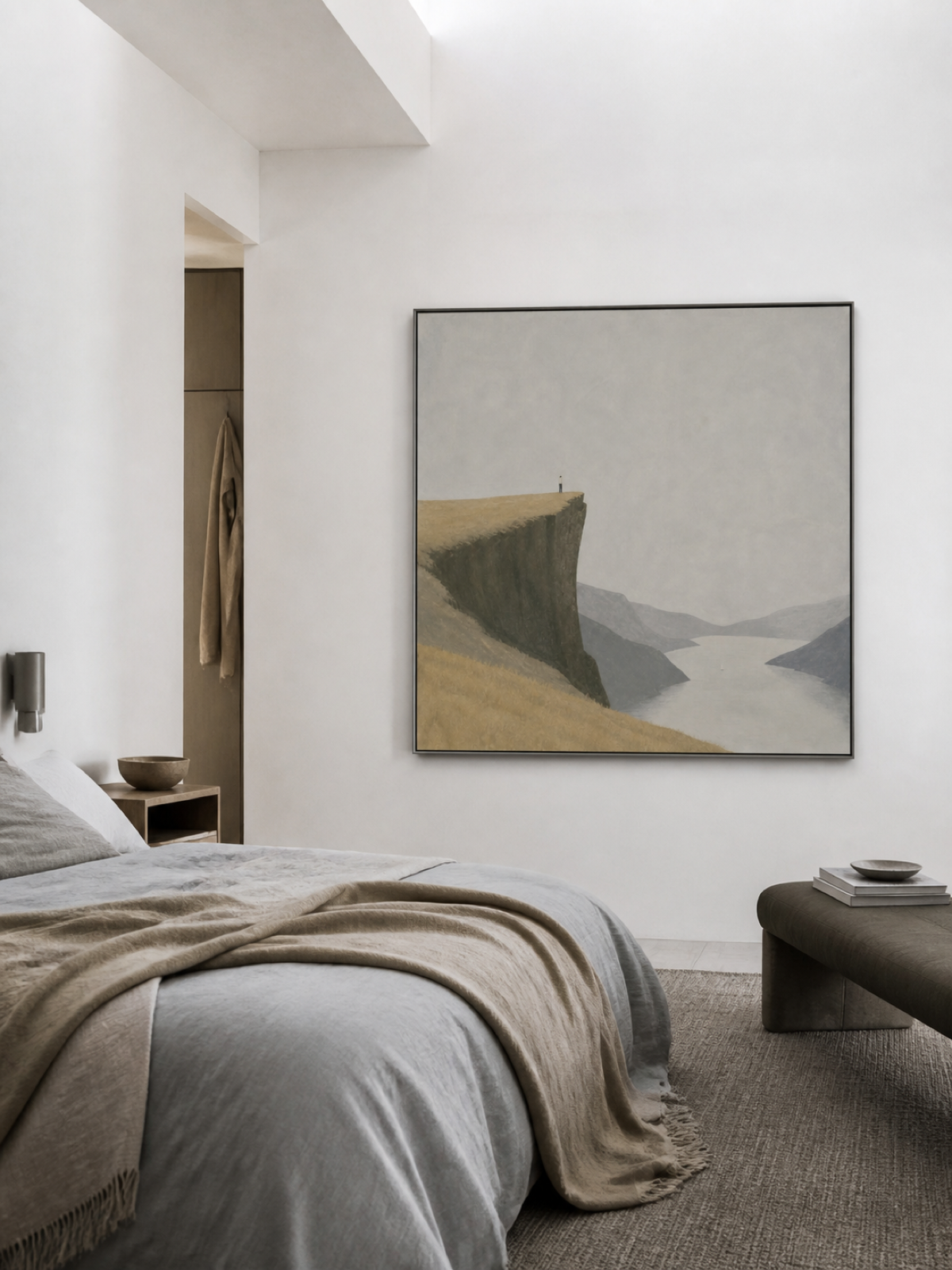 Large Hand Painted Fjord Landscape Oil Painting Tiny Figure Art For Bedroom