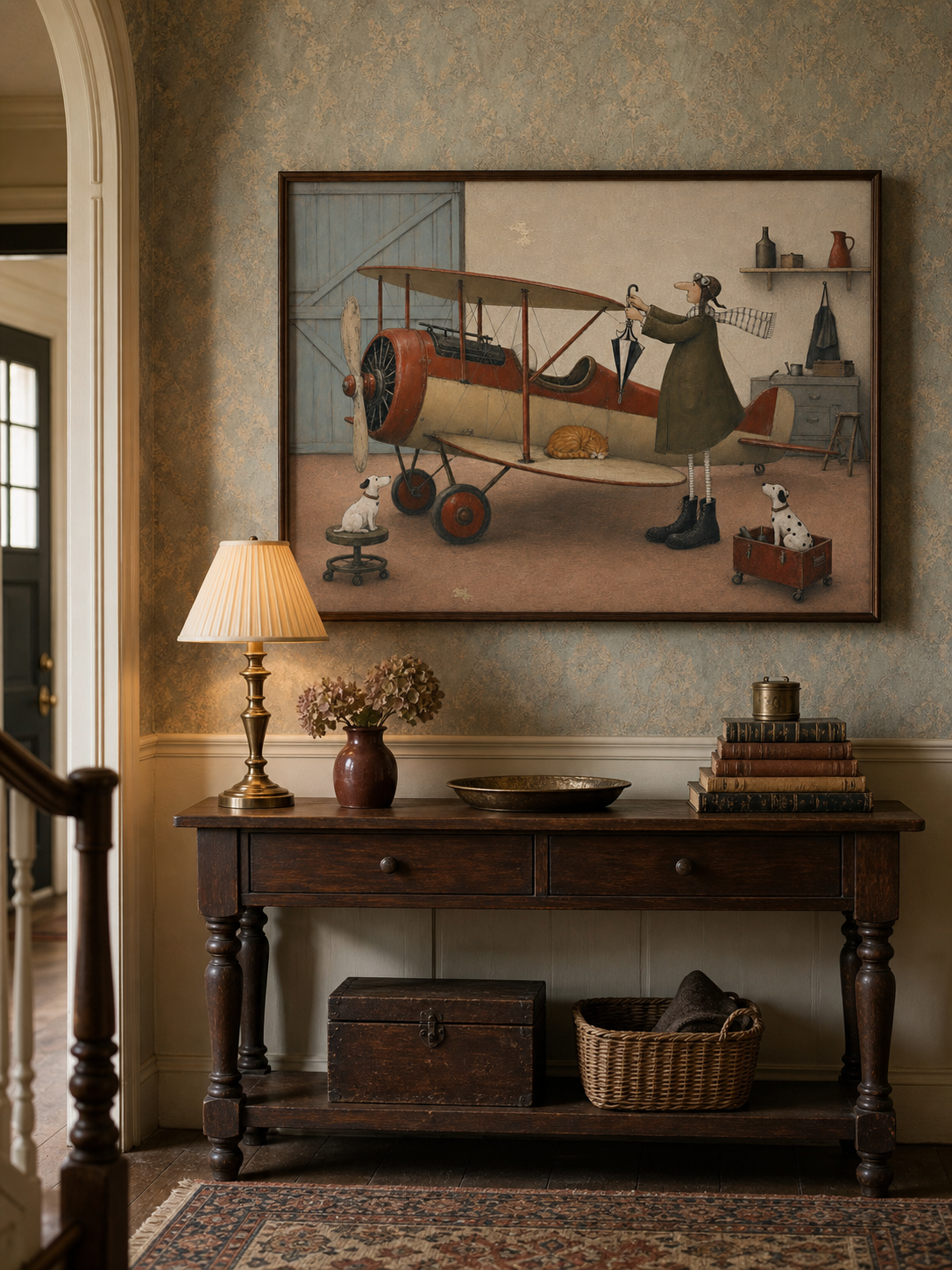 Whimsical Pilot Painting With Pets In Rustic Hangar Scene For Living Room
