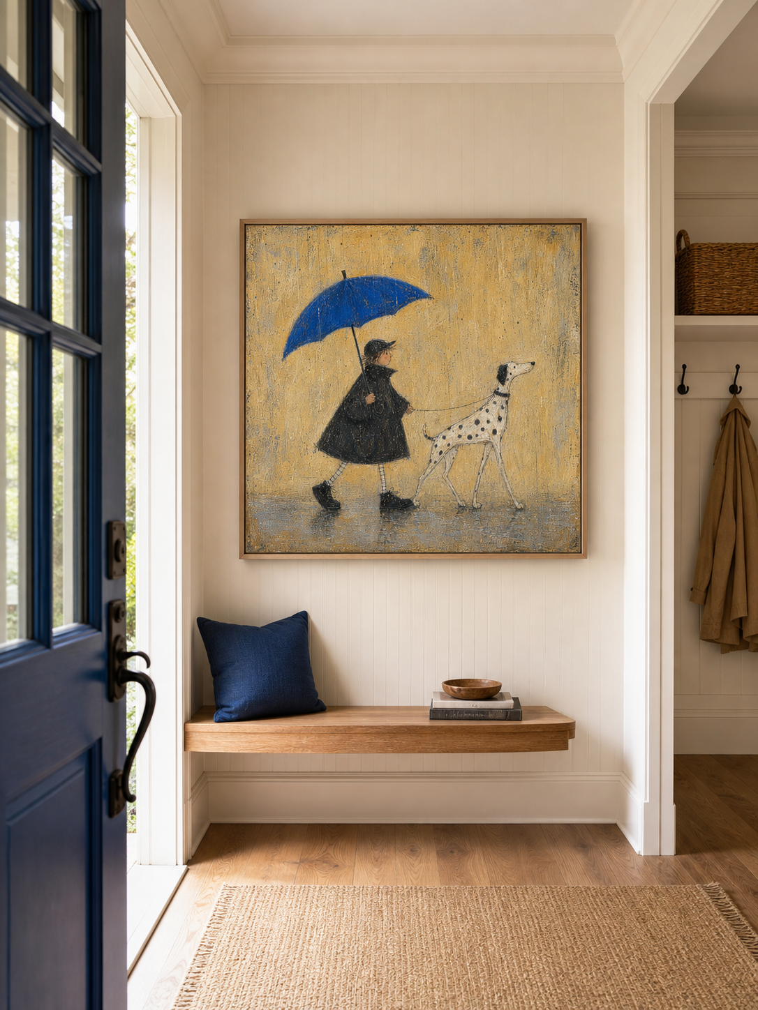 Original Handmade Painting Boy And Dalmatian Dog In Rain Minimalist Wall Art