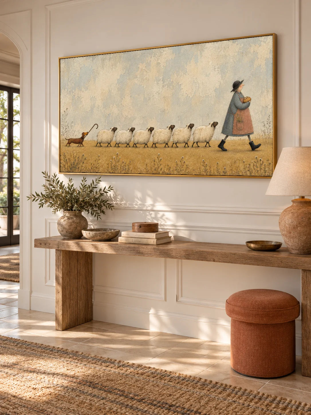 Whimsical Sheep And Dachshund Farm Animal Canvas Painting Hand Painted Wall Art