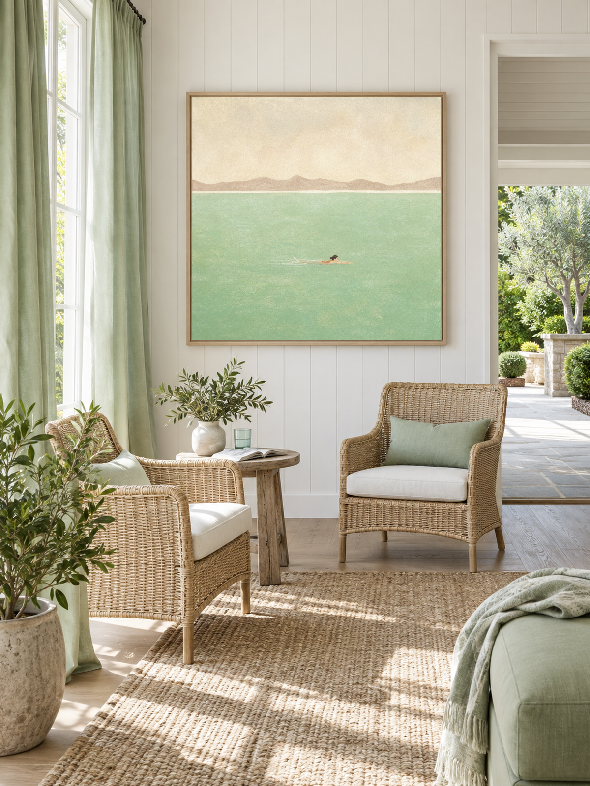 Hand-Painted Pale Green Sea Swimmer Canvas Wall Art With Mountain Horizon